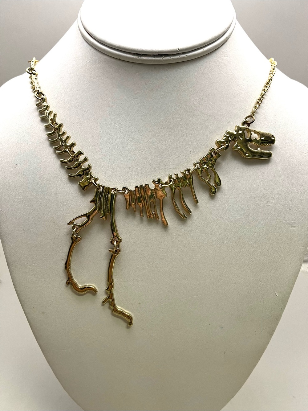 Jane Stone Gold T-Rex Skeleton Necklace Dinosaur Bones Statement Collar Chain